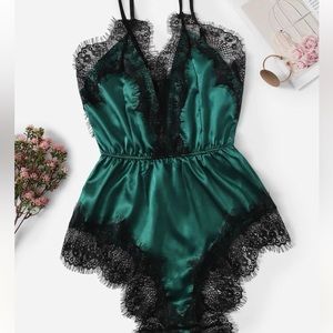 NWT Green Satin and Lace Romper Bodysuit